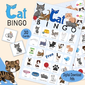 Bingo avec chat, 30 cartes imprimables pour chaton, un jeu de fête pour le 2e anniversaire d'une fille, un cadeau pour les amoureux des chats, une activité pour les enfants avec un chaton pour la maison, l'école ou la maternelle