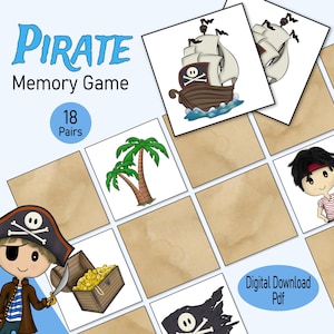 Jogo de cartas de memória pirata, um jogo de correspondência de imagens para imprimir para crianças pequenas e crianças, uma festa de sala de aula pré-escolar de piratas ou um jogo divertido para a família