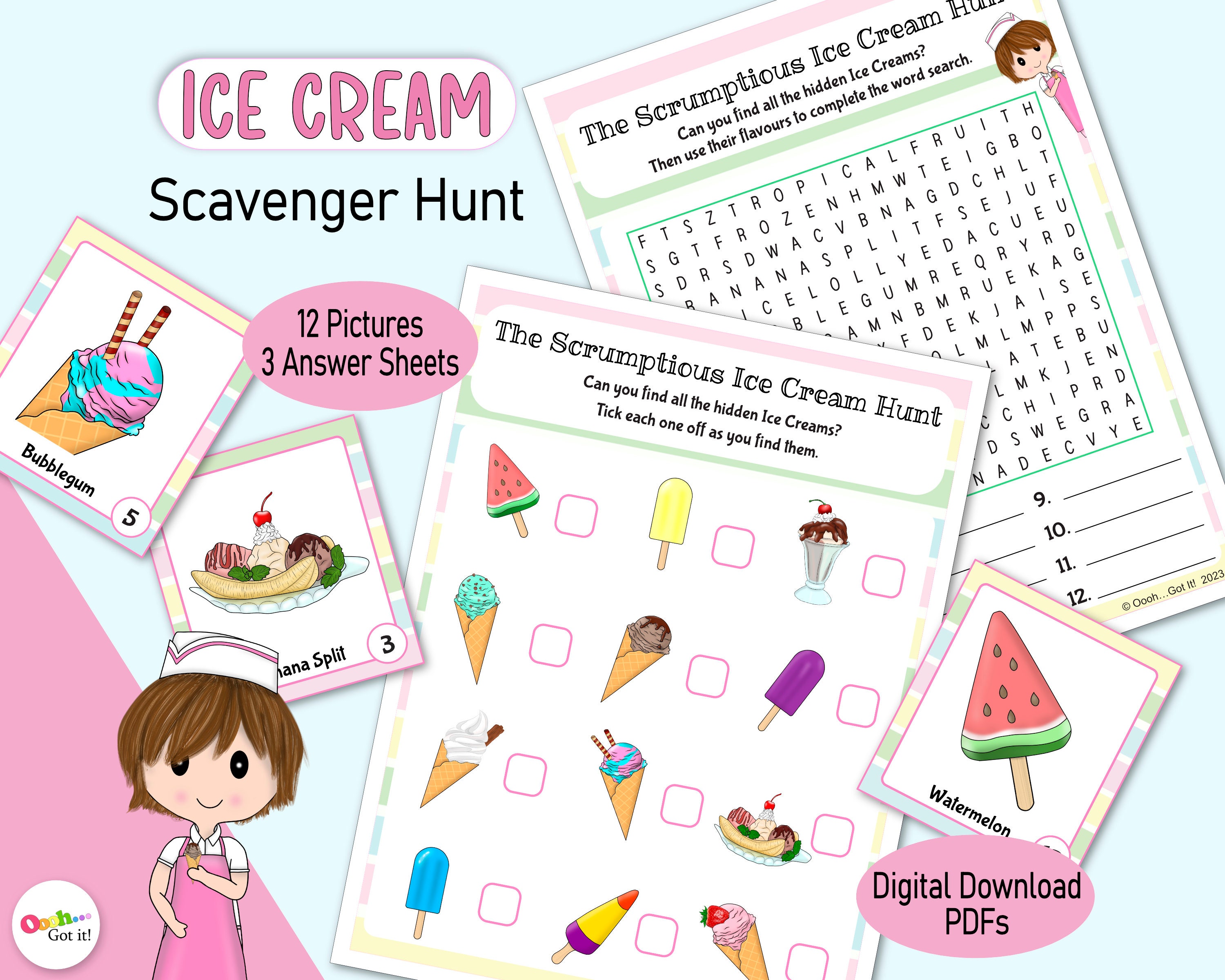 Ice Cream Picture Scavenger Hunt, a printable sweet party game, summer fun for kids, a family game for an August birthday or beach holiday