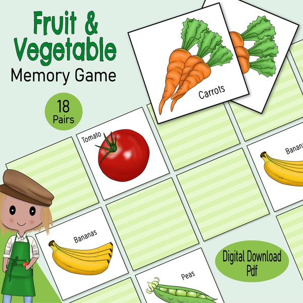 Fruit & Vegetable Memory Game, a Greengrocer, Farmers Market, Healthy Eating picture matching pairs game for toddlers, kids or classroom