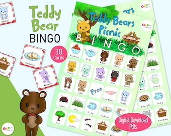 Teddybär-Picknick-Bingo, ein druckbares Babyparty- oder Geburtstagsparty-Spiel, eine Kinderaktivität für Regentage, für ein Klassenzimmer oder eine Vorschultasche
