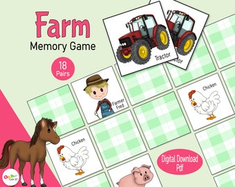 Farm Animal Memory Game, a printable picture matching card game for preschoolers & kids, barnyard toddler homeschool or classroom activity