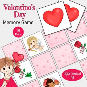 Gioco di memoria di San Valentino, un gioco di abbinamento di immagini stampabile per bambini piccoli e ragazzi, una festa in classe per la giornata dell'amore in età prescolare o giochi per famiglie