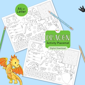 Dragon Placemat, a printable birthday party activity sheet for kids, a medieval knight coloring table decor or Renaissance Fair party favor