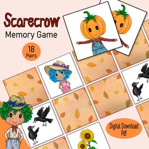 Gioco di carte di memoria dello spaventapasseri, un gioco di abbinamento di immagini del raccolto autunnale stampabile, un gioco per l'aula prescolare o un gioco autunnale per famiglie per bambini piccoli e ragazzi