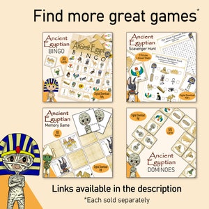 K&ouml;nnte beinhalten: Vier verschiedene Spiele zum Thema Alt&auml;gypten: Bingo, Schnitzeljagd, Memory-Spiel und Domino. Jedes Spiel zeigt eine Comic-Mumie und ist als digitaler Download verf&uuml;gbar. Der Text "Find more great games" befindet sich oben im Bild.