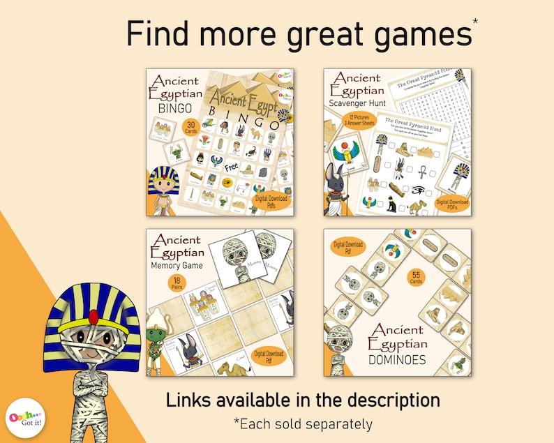 K&ouml;nnte beinhalten: Vier verschiedene Spiele zum Thema Alt&auml;gypten: Bingo, Schnitzeljagd, Memory-Spiel und Domino. Jedes Spiel zeigt eine Comic-Mumie und ist als digitaler Download verf&uuml;gbar. Der Text "Find more great games" befindet sich oben im Bild.