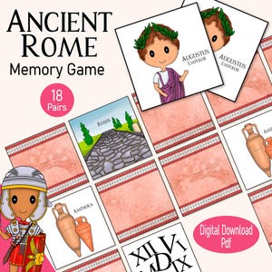Juego de memoria de la antigua Roma, un juego de cartas imprimible sobre la historia romana, para una divertida actividad de asociación de imágenes en el hogar y la escuela o un recurso de aprendizaje para niños