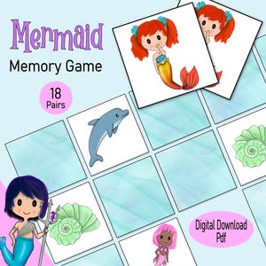 Cartes mémoire sirène, un jeu d'association d'images d'océan à imprimer, pour une fête d'anniversaire de sirène de fille, un livre chargé pour tout-petit ou une activité de soirée pyjama