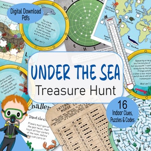 Under the Sea Treasure Hunt, a printable, indoor,  scavenger hunt, a ocean animals, kids activity, family game, for a mermaid birthday party