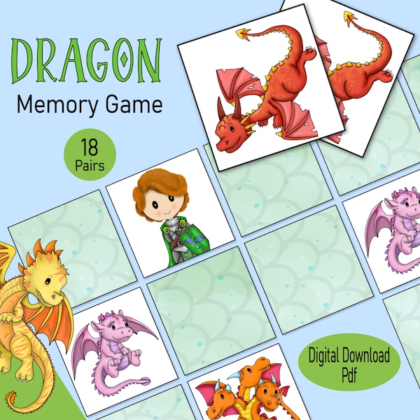 Dragon Memory Card Game, a printable fantasy dragons & knights picture matching party game for toddlers, kids or quiet time family activity