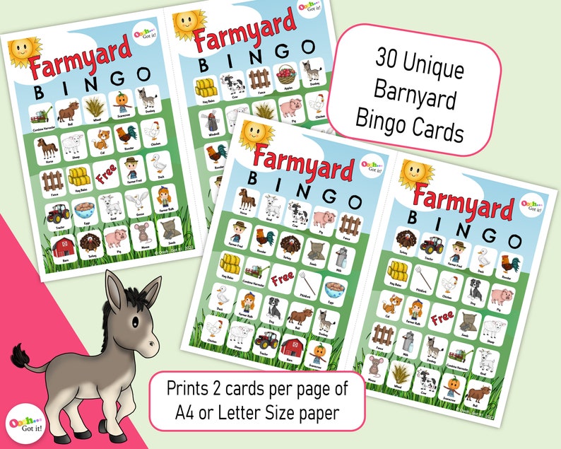 Farm Animals Bingo a Printable Farmyard Kids Game 30 Cards for a
