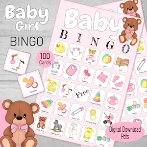 Babyshowerbingo, 100 afdrukbare voorgevulde bingokaarten, voor een babyshower, adoptiefeest of gender reveal, schattig familiespel met teddyberen