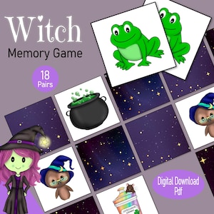 Tarjetas de memoria de brujas, un juego imprimible de combinación de imágenes espeluznantes para cumpleaños mágicos de octubre, libros de actividades para niños pequeños de Halloween o juegos familiares de otoño
