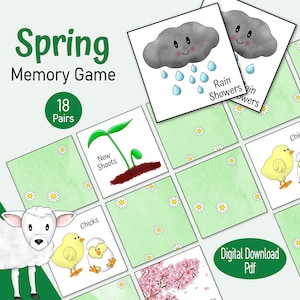 Juego de memoria de primavera, un juego familiar de combinación de imágenes de primavera para imprimir y para niños pequeños, una actividad de tiempo tranquilo para el aula preescolar