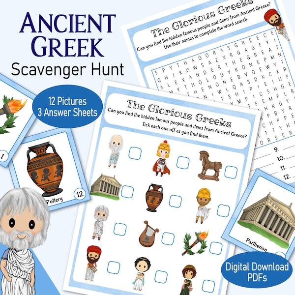 Ancient Greece Scavenger Hunt, a printable history game, for a Greek Party, rainy day activity for kids classroom, home school or family fun