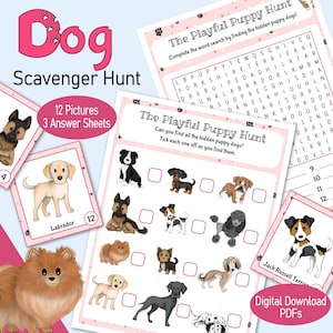 Dog Scavenger Hunt, a printable puppy picture matching game, hide & seek birthday party game, a dog lovers gift or a doggy kids activity