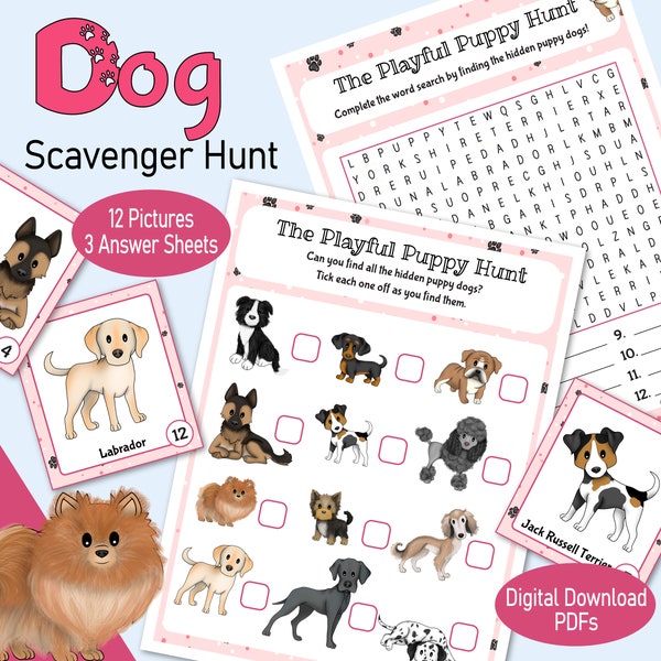 Dog Scavenger Hunt, a printable puppy picture matching game, hide & seek birthday party game, a dog lovers gift or a doggy kids activity