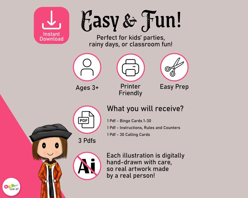 The Tudors Bingo, a British History game featuring Henry VIII & his Six Wives, a printable party game, kids activity or classroom resource image 2