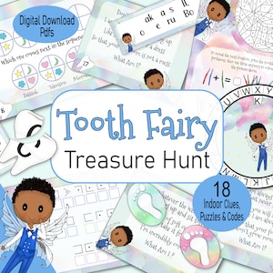 Tooth Fairy Treasure Hunt for kids,  printable scavenger hunt clues,  with a African American Fairy, for a boys first, lost tooth or teeth