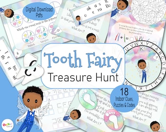 Tooth Fairy Treasure Hunt for kids,  printable scavenger hunt clues,  with a African American Fairy, for a boys first, lost tooth or teeth