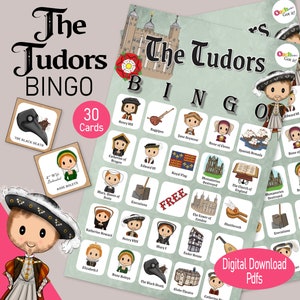 The Tudors Bingo, een Brits geschiedenisspel met Henry VIII en zijn zes vrouwen, een printbaar gezelschapsspel, kinderactiviteit of lesmateriaal