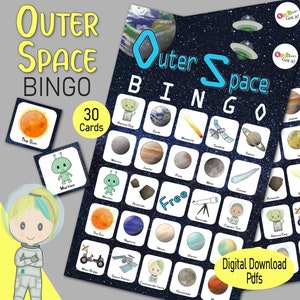 Cartes de bingo dans l'espace, un jeu de société extraterrestre imprimable ou une activité en classe sur le système solaire pour enfants, pour un jour de pluie, une soirée jeux en famille, un anniversaire de garçon