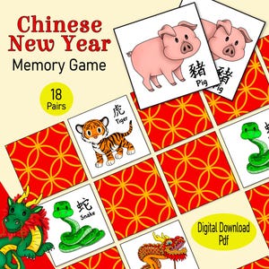 Jogo de cartas da memória do zodíaco chinês, um jogo de correspondência de imagens do Ano Novo Lunar para impressão para crianças pequenas e crianças, uma sala de aula pré-escolar ou jogo familiar