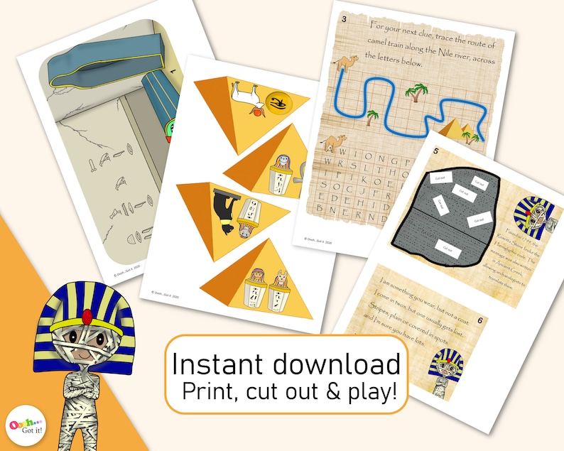 K&ouml;nnte beinhalten: Ein druckbares Set von Lernspielen f&uuml;r Kinder mit &auml;gyptischem Thema. Die Spiele beinhalten ein Suchwort, ein Labyrinth, ein Pyramidenpuzzle und ein R&auml;tsel. Die Spiele sind so konzipiert, dass sie f&uuml;r Kinder Spa&szlig; machen und fesselnd sind.