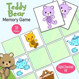Schede di memoria per picnic con orsetto, un gioco di abbinamento di immagini stampabile per bambini piccoli e ragazzi, una risorsa di apprendimento per momenti di tranquillità a casa o in età prescolare