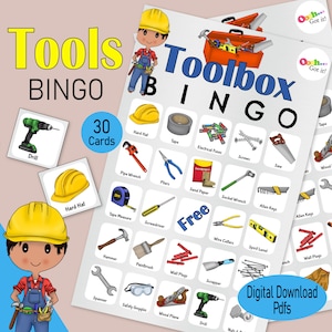 Boîte à outils Bingo, un jeu de construction imprimable, 30 cartes de bingo pour un 2e anniversaire, un amateur de bricolage, la fête des pères ou une fête de départ en retraite des constructeurs