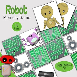 Cartes mémoire robot, une correspondance d'images robotiques imprimable, un livre chargé pour tout-petits ou un jeu d'apprentissage pour un temps calme pour les enfants, une activité familiale les jours de pluie