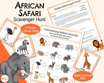 May include: African Safari Scavenger Hunt game with 12 picture cards and 3 answer sheets. The game includes illustrations of African animals like lions, zebras, and giraffes. The text on the game says "Astonishing Safari Animals".
