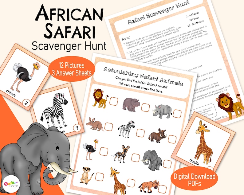 Safari Scavenger Hunt – Ett utskrivbart bildspel med afrikanska vilda djur för barn, perfekt för vilda fester, klassrum, djurparksdagar eller familjekul bild 1