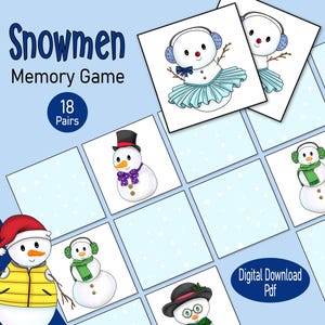 Juego de cartas de memoria de muñeco de nieve, un juego de combinación de imágenes de invierno imprimible para niños pequeños y niños, una fiesta de aula preescolar navideña o un juego familiar