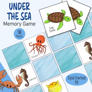 Juego de cartas de memoria bajo el mar, un juego imprimible para niños sobre el océano, un juego de combinación de imágenes de criaturas marinas, para preescolar, escuela en el hogar o diversión familiar