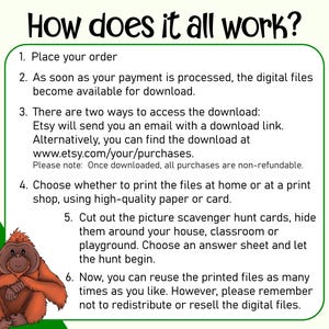 Peut inclure: Un guide &eacute;tape par &eacute;tape sur la fa&ccedil;on d'utiliser un t&eacute;l&eacute;chargement num&eacute;rique pour une chasse au tr&eacute;sor en images. Le guide comprend des instructions sur la fa&ccedil;on d'acc&eacute;der au t&eacute;l&eacute;chargement, d'imprimer les fichiers et de cacher les cartes dans une maison, une salle de classe ou une aire de jeux. Le guide comprend &eacute;galement une note indiquant que les fichiers ne sont pas remboursables.