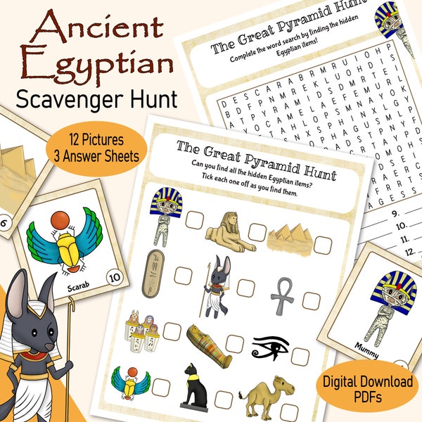 Ancient Egypt Picture Scavenger Hunt, a printable Egyptian family game, for boys birthday party, or rainy day activity for kids classroom