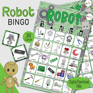 Robot Bingo Cards, a printable boys birthday party game, a instant download robotic kids activity, homeschooling, preschool or classroom kit
