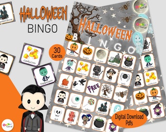 Halloween Bingo Game, 30 Cards, for October 31st,  a printable party game, October birthday, a spooky vibe kids activity or fall family game