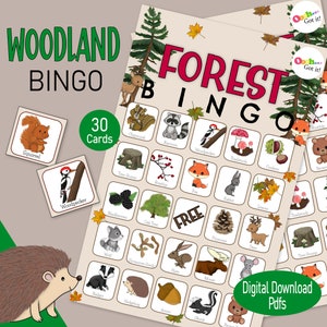 Tarjetas de bingo de animales del bosque, un juego de bosque otoñal imprimible, para una fiesta de cumpleaños, un juego familiar o una actividad de otoño para niños en edad preescolar o en el aula