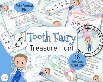 Tooth Fairy Treasure Hunt, a printable indoor, lost baby teeth adventure, with puzzles & clues, for a boys first or last tooth fairy visit