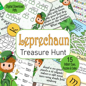 Pode incluir: Um conjunto de 15 pistas de caça ao tesouro interior imprimíveis, quebra-cabeças e códigos para uma caça ao tesouro Leprechaun. O conjunto apresenta um esquema de cores verde, laranja e amarelo com ilustrações de duendes e trevos.