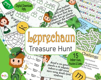 St Patrick's Day Treasure Hunt, a printable Leprechaun scavenger hunt clues, with escape room puzzles & codes, a family or kids party game