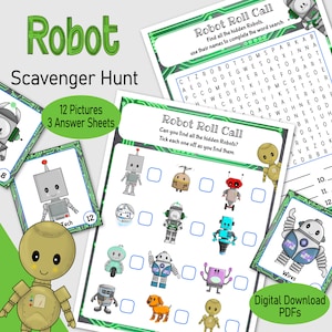 May include: A printable robot scavenger hunt activity with 12 robot illustrations, a word search puzzle, and a robot roll call game. The printable activity sheets are designed with a green and black circuit board pattern.