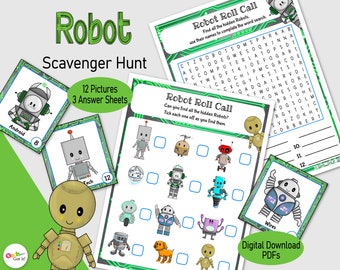 Robot Scavenger Hunt, een printbaar spel voor het matchen van foto's, voor een jongensverjaardagsfeestje, een activiteit voor kinderen in de klas of een familiespeurtocht