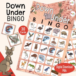Bingo de animais australianos - um jogo para imprimir com animais selvagens da Austrália e da Nova Zelândia, perfeito para diversão em família, salas de aula de educação domiciliar ou festas!