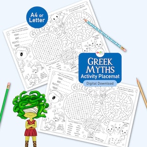 Tischset für griechische Mythologie, ein druckbares antikes Griechenland Mal- und Puzzleblatt für Kinder, Klassenzimmer, Partys oder Familienspaß!