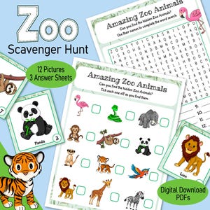 Op de afbeelding: Een printbare dierenspeurtocht voor kinderen in de dierentuin. De printbare versie bevat 12 afbeeldingen van dieren, 3 antwoordbladen en een woordzoeker. De woordzoeker bevat de namen van de dieren op de afbeeldingen.