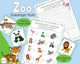 May include: A printable zoo animal scavenger hunt activity for kids. The printable includes 12 pictures of animals, 3 answer sheets, and a word search puzzle. The word search puzzle features the names of the animals in the pictures.
